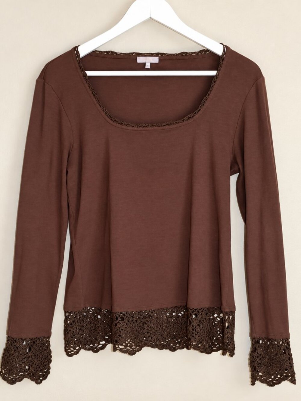 Per Una Brown Cotton Crochet Trim Top UK 16